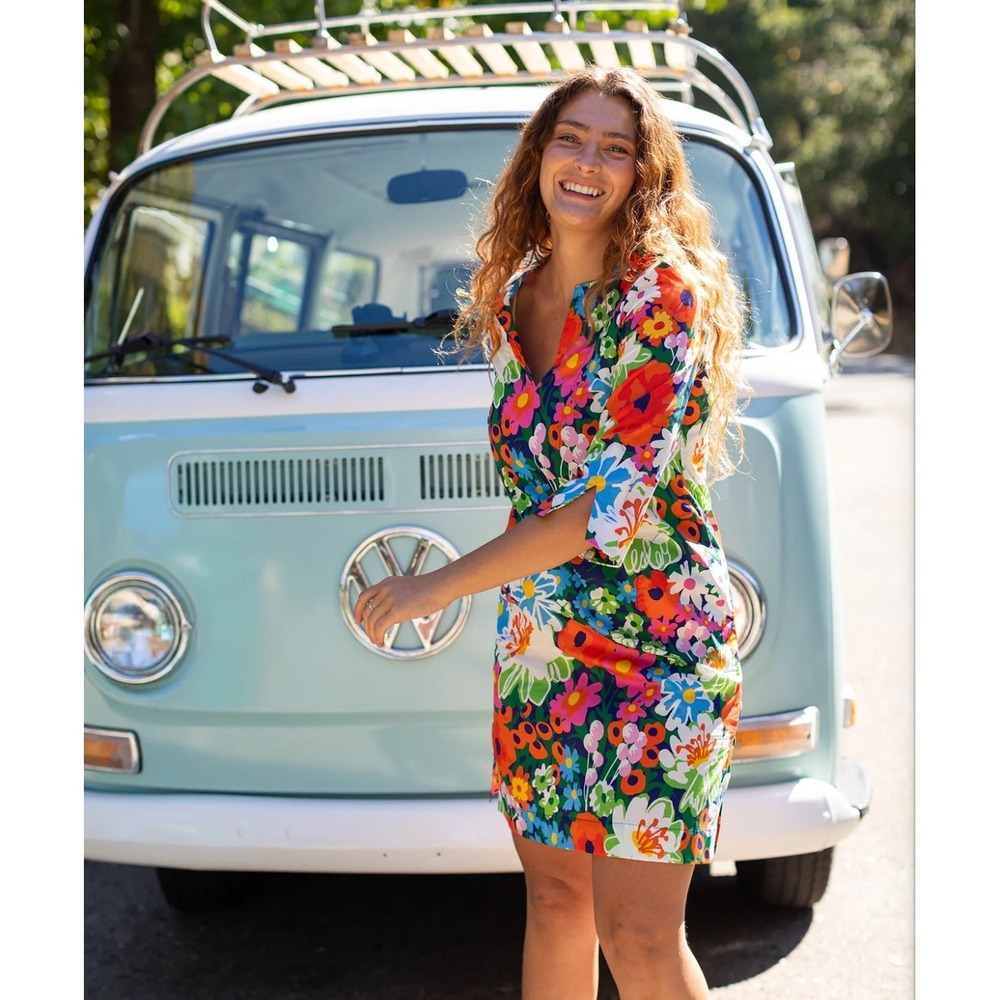 Lesley Evers Floral Shift Dress Large Multi Color V-Neck 3/4 Sleeve Pockets